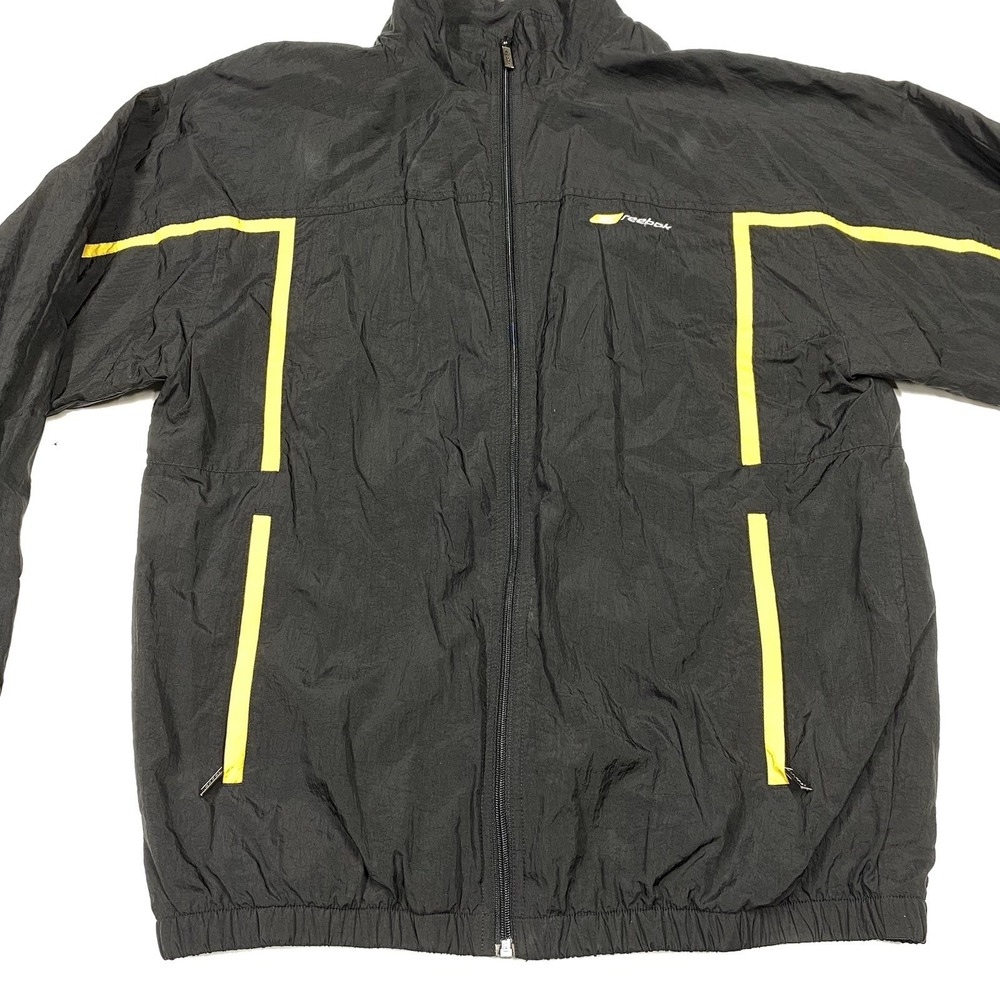 Vintage Reebok Retro Black Yellow Windbreaker Jacket Coat Reebok Tags Size M Y2K - Picture 2 of 9